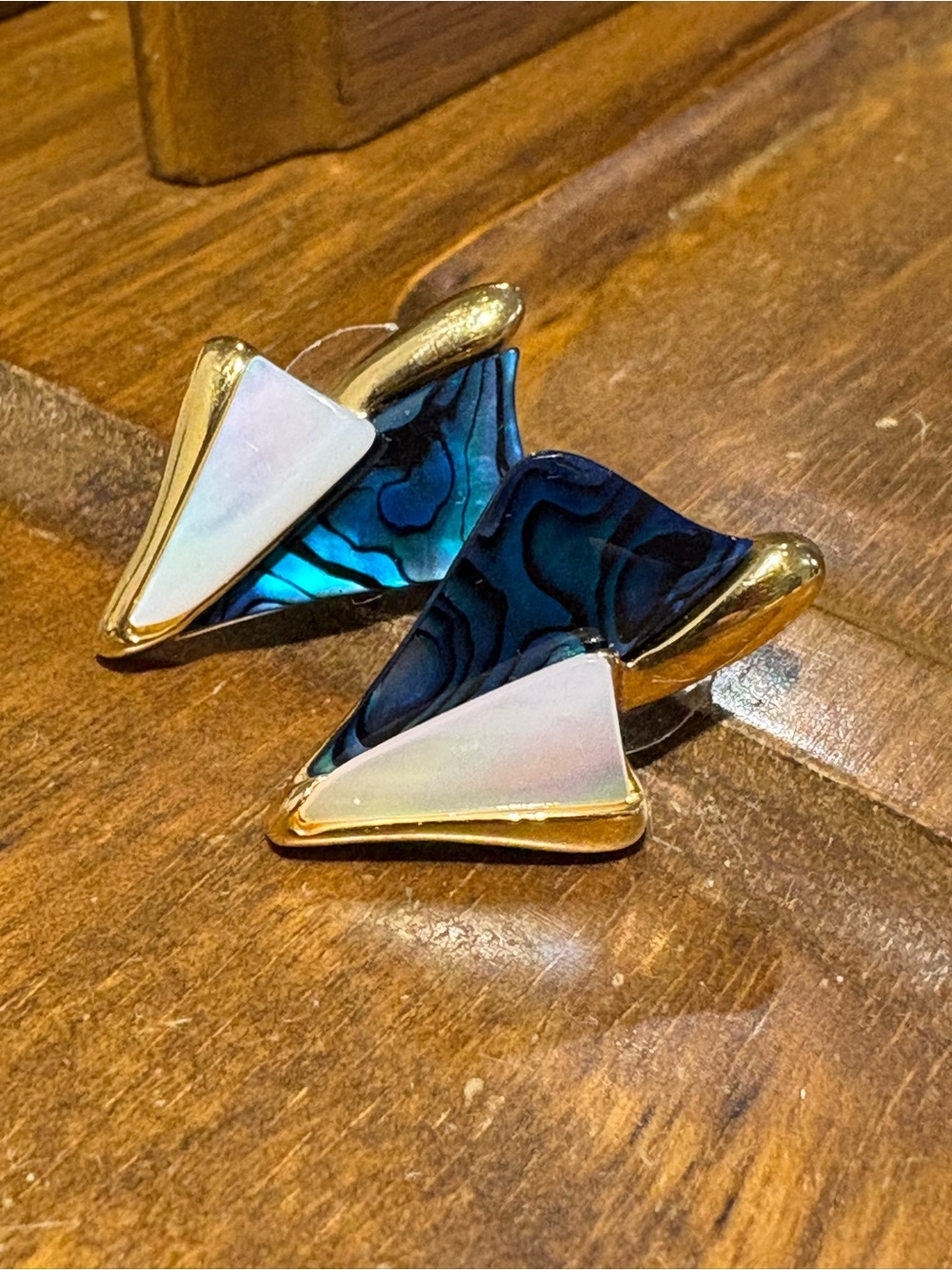 Gold-Tone Blue Abalone and White Triangle Stud Earrings